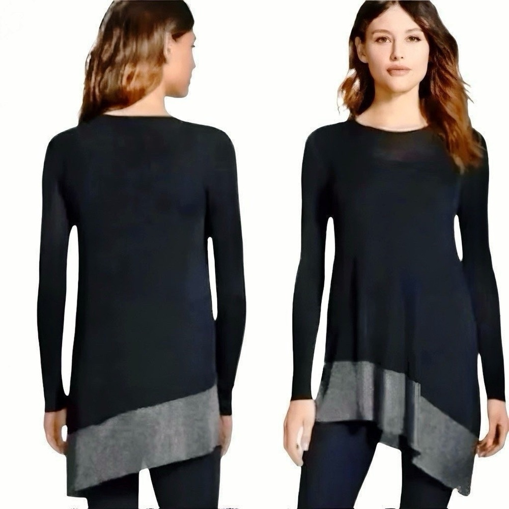 EILEEN FISHER Black Metallic Gray Silver Asymmetrical Knit Tunic Top size S or M